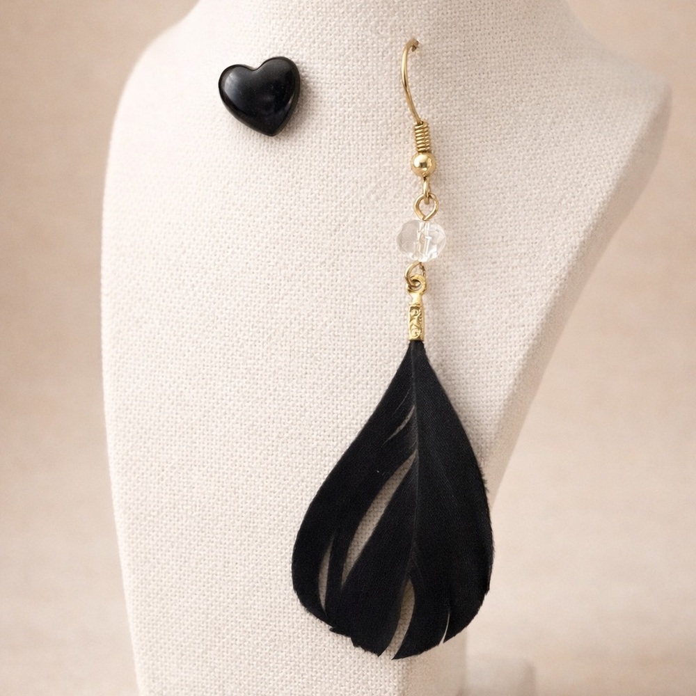 Black Feather Dangle Earring + Heart Stud Set Gold Tone Boho